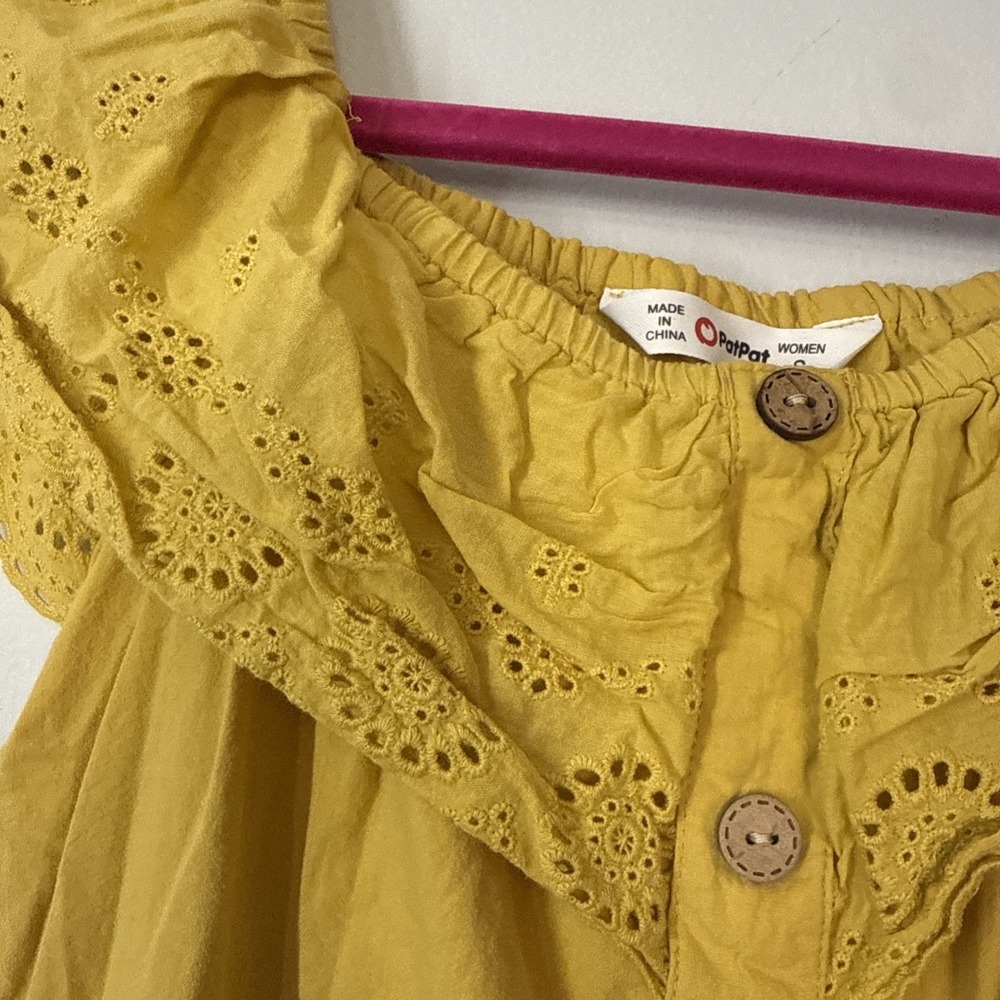Yellow Off Shoulder Linen Dress Button Front Ruffle Summer Boho Coastal Chic S - Picture 5 of 8